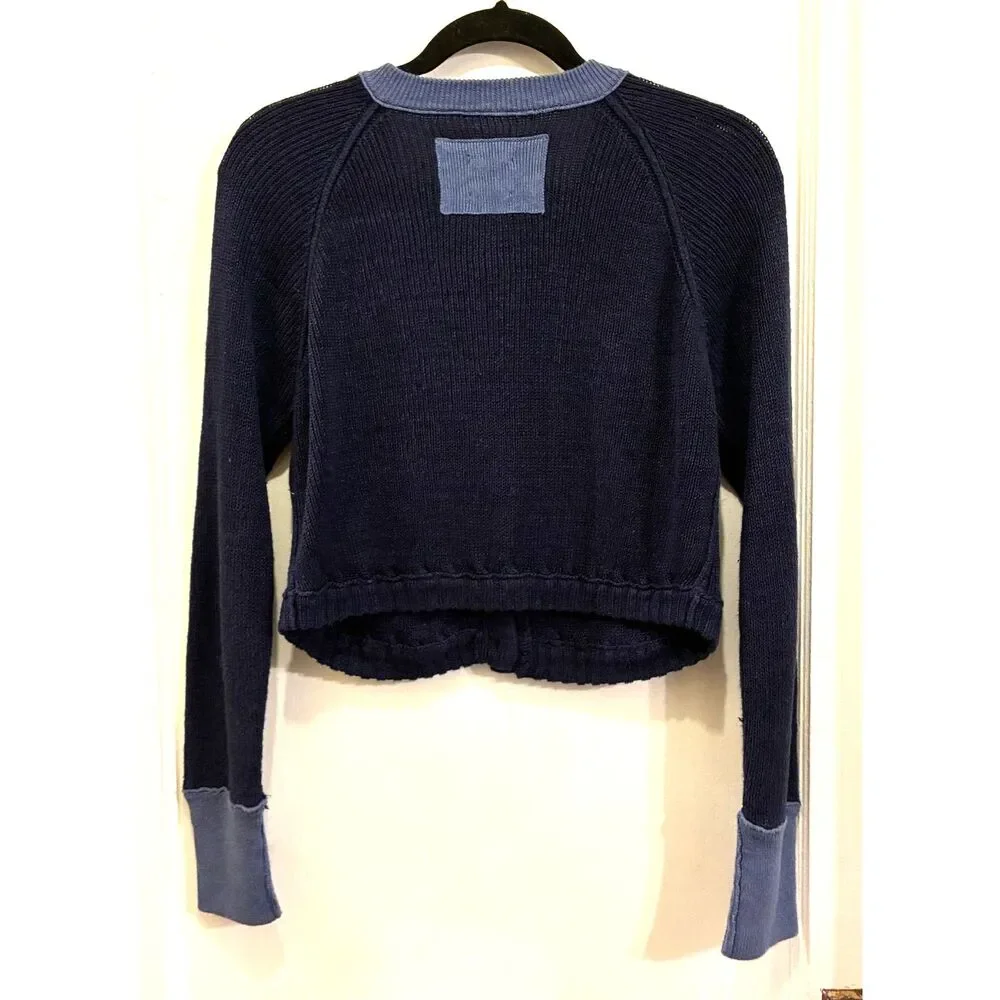Free People WE THE FREE Blue Button Up Crop Cardigan Sweater Top Women's Size XS